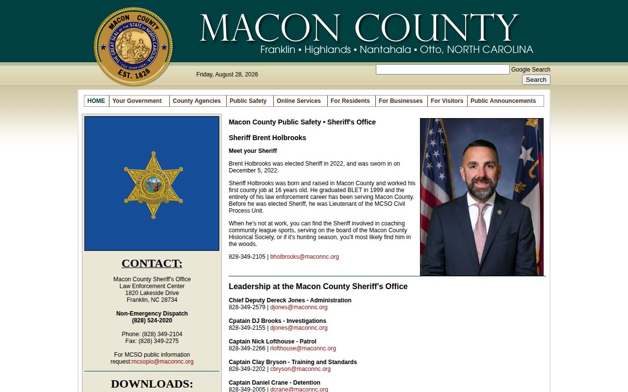 Macon County Sheriff's Office official contact and detention records page